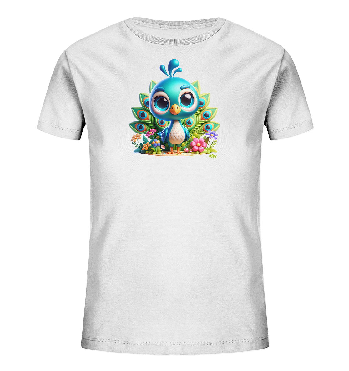 Onlineshop Shirts fuer Kinder - Das Bild zeigt ein weisses Kinder-T-Shirt mit einem farbenfrohen Aufdruck. Darauf ist ein suesser, blauer Vogel mit grossen Augen abgebildet, der vor stilisierten gruenen Pfauenfedern sitzt. Um den Vogel herum sind kleine, bunte Blumen und Pflanzen zu sehen, die dem Design eine froehliche Note verleihen. Die Illustration ist im Comic-Stil gehalten und wirkt sehr ansprechend.