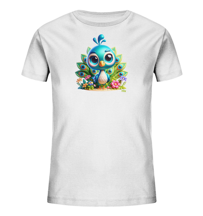 Onlineshop Shirts fuer Kinder - Das Bild zeigt ein weisses Kinder-T-Shirt mit einem farbenfrohen Aufdruck. Darauf ist ein suesser, blauer Vogel mit grossen Augen abgebildet, der vor stilisierten gruenen Pfauenfedern sitzt. Um den Vogel herum sind kleine, bunte Blumen und Pflanzen zu sehen, die dem Design eine froehliche Note verleihen. Die Illustration ist im Comic-Stil gehalten und wirkt sehr ansprechend.