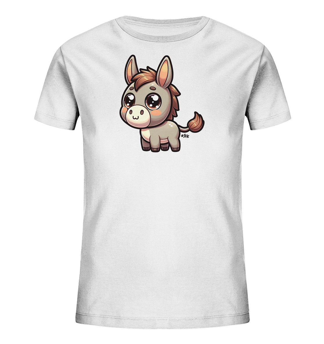 Onlineshop Shirts fuer Kinder - Das Bild zeigt ein weisses T-Shirt fuer Kinder mit einem niedlichen Aufdruck eines Cartoon-Esels auf der Vorderseite. Der Esel ist klein dargestellt, in sanften Braun- und Grautoenen gehalten und hat grosse, freundliche Augen sowie einen verspielten Gesichtsausdruck. Dieses Motiv verleiht dem Shirt einen froehlichen und ansprechenden Charakter, ideal fuer den Alltag von Kindern.