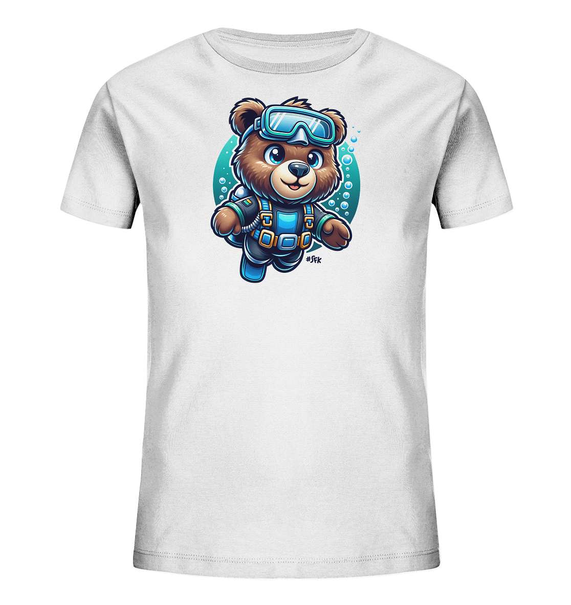 Onlineshop Shirts fuer Kinder - Dieses weisse Kinder-T-Shirt zeigt einen suessen Cartoon-Baeren in Tauchausruestung. Der Baer schwimmt in einem blasenreichen, tuerkisfarbenen Kreis. Er traegt Taucherbrille und Neoprenanzug und hat einen freundlichen Ausdruck. Dieses Design ist verspielt und maritim.