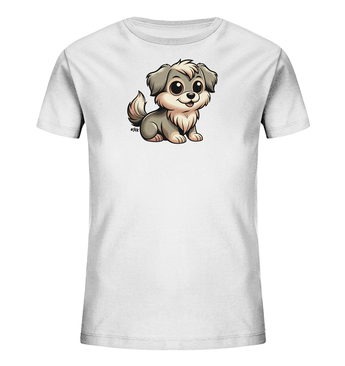 Onlineshop Shirts fuer Kinder - Das Bild zeigt ein weisses Kinder T-Shirt mit einem niedlichen Cartoon-Hund auf der Vorderseite. Der Hund hat graues Fell mit beigen Akzenten, grosse Kulleraugen und ein freundliches Laecheln. Er sitzt in einer charmanten Pose und ist in einem ansprechenden, kindgerechten Stil dargestellt. Dieses T-Shirt ist ein froehlicher Begleiter fuer jeden Tag.