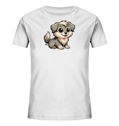 Onlineshop Shirts fuer Kinder - Das Bild zeigt ein weisses Kinder T-Shirt mit einem niedlichen Cartoon-Hund auf der Vorderseite. Der Hund hat graues Fell mit beigen Akzenten, grosse Kulleraugen und ein freundliches Laecheln. Er sitzt in einer charmanten Pose und ist in einem ansprechenden, kindgerechten Stil dargestellt. Dieses T-Shirt ist ein froehlicher Begleiter fuer jeden Tag.