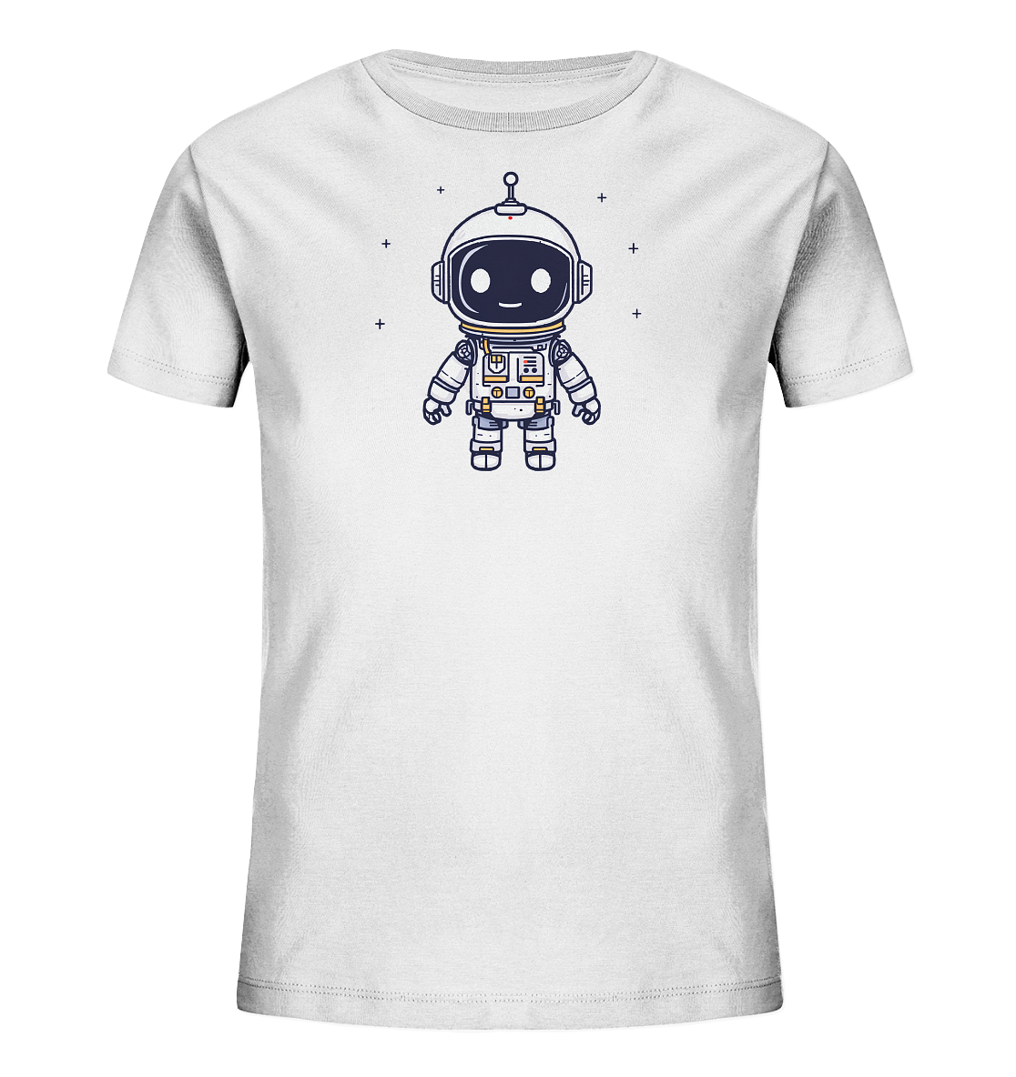 Onlineshop Shirts für Kinder - Dieses Bild zeigt ein weißes T-Shirt, das speziell für Kinder entworfen ist. Auf der Vorderseite ist eine Illustration eines niedlichen, cartoonhaften Astronauten zu sehen. Der Astronaut trägt einen Helm mit dunklem Visier, das ein lächelndes Gesicht zeigt, und einen detaillierten Raumanzug. Kleine Pluszeichen oder Sterne sind um die Figur herum platziert, was das Weltraumthema betont. Das Design wirkt spielerisch und ansprechend.