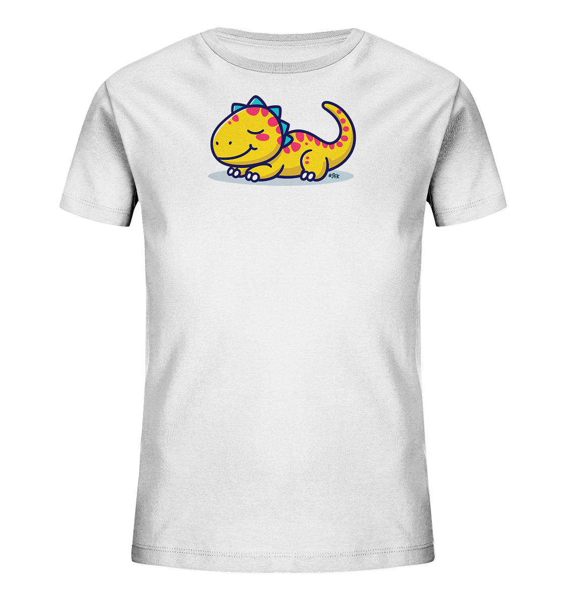Onlineshop Shirts fuer Kinder - Das Bild zeigt ein weisses Kinder-T-Shirt mit einem niedlichen gelben Dinosaurier-Motiv auf der Vorderseite. Der kleine Dinosaurier liegt entspannt da, hat rosa Punkte und blaue Zacken auf dem Ruecken. Sein Gesichtsausdruck ist friedlich, mit geschlossenen Augen und einem sanften Laecheln. Das Design wirkt verspielt und farbenfroh, ideal fuer Kinderkleidung.
