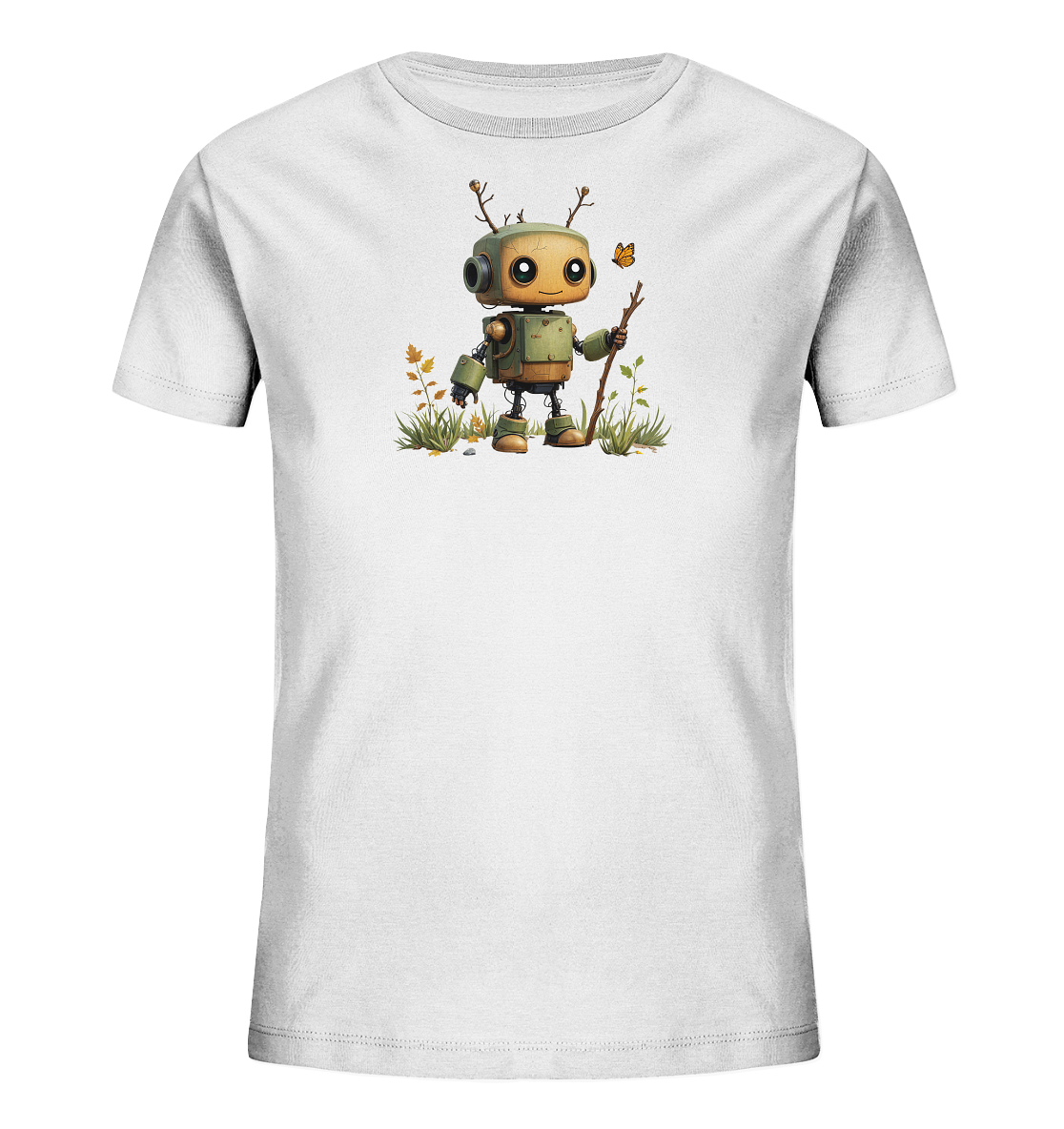 Onlineshop Shirts für Kinder - Das Bild zeigt ein weißes T-Shirt mit einem farbigen Druck auf der Vorderseite. Der Druck zeigt einen kleinen, freundlich gestalteten Roboter in einer natürlichen Umgebung. Der Roboter hat geweihartige Zweige auf dem Kopf, hält einen Stock und steht inmitten von Gras und Herbstblättern. Ein kleiner orangefarbener Schmetterling fliegt nahe seinem Kopf, was dem Motiv eine verspielte Note verleiht.