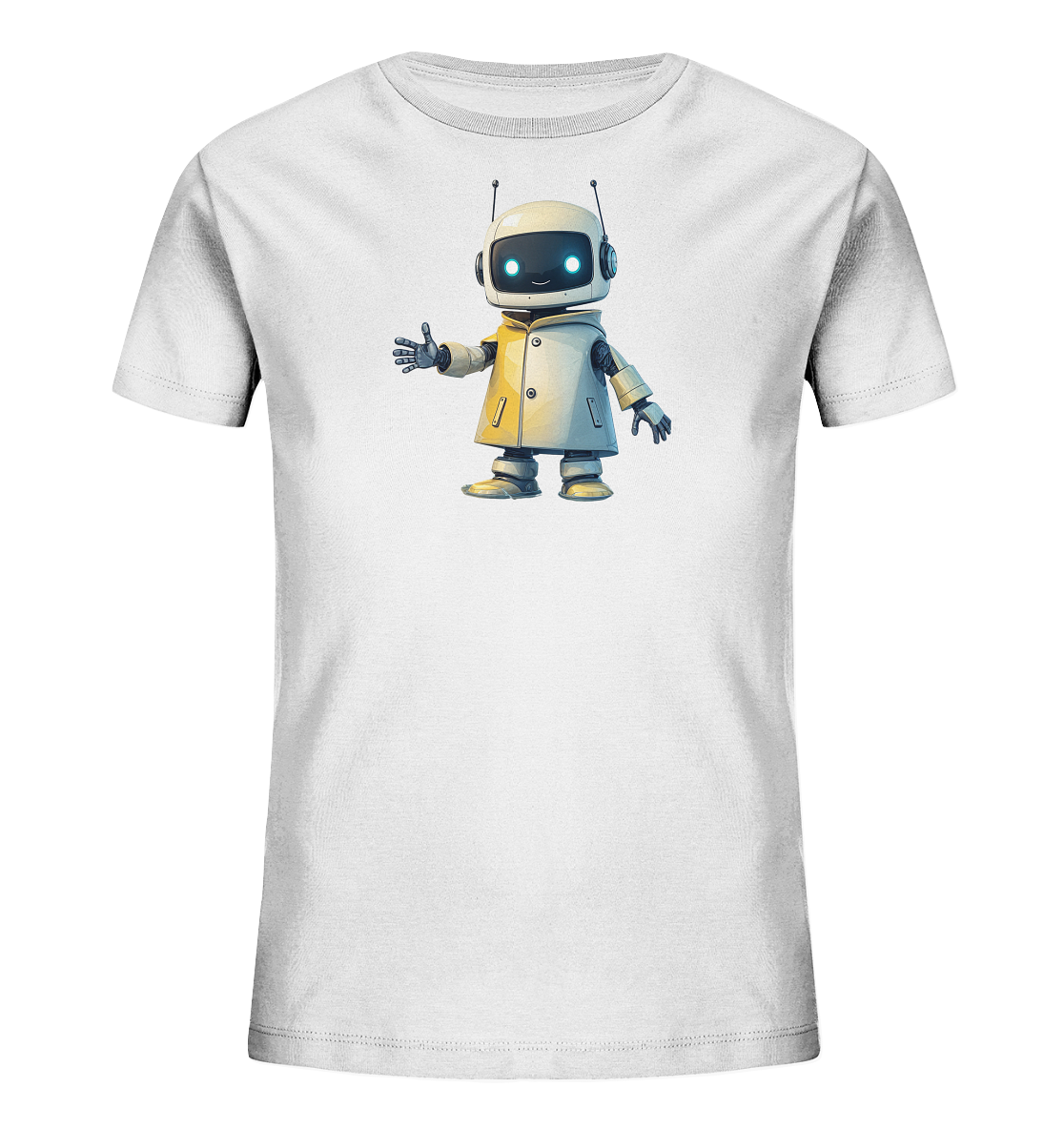 Onlineshop Shirts für Kinder - Das Bild zeigt ein weißes Kinder T-Shirt. Auf der Vorderseite des Shirts ist eine Illustration eines freundlichen, cartoonhaften Roboters zu sehen. Der Roboter ist hauptsächlich weiß gehalten, hat leuchtend blaue Augen, zwei Antennen und trägt eine helle Jacke oder einen Mantel. Er steht aufrecht und streckt eine Hand nach vorne aus, was dem Design einen verspielten und modernen Look verleiht.