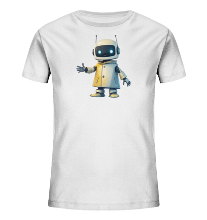Onlineshop Shirts für Kinder - Das Bild zeigt ein weißes Kinder T-Shirt. Auf der Vorderseite des Shirts ist eine Illustration eines freundlichen, cartoonhaften Roboters zu sehen. Der Roboter ist hauptsächlich weiß gehalten, hat leuchtend blaue Augen, zwei Antennen und trägt eine helle Jacke oder einen Mantel. Er steht aufrecht und streckt eine Hand nach vorne aus, was dem Design einen verspielten und modernen Look verleiht.