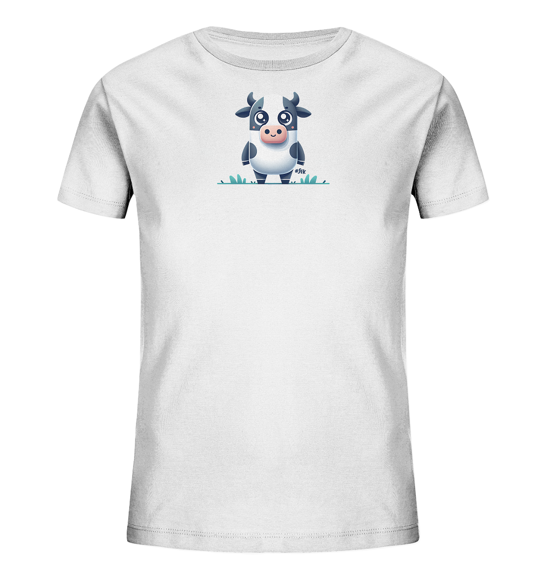 Onlineshop Shirts fuer Kinder - Das Bild zeigt ein weisses Kinder T-Shirt. Auf der Vorderseite ist eine niedliche Comic-Illustration einer Kuh zu sehen. Die Kuh hat grosse, freundliche Augen und steht auf stilisiertem blauen Gras. Das Design ist schlicht und kindgerecht.