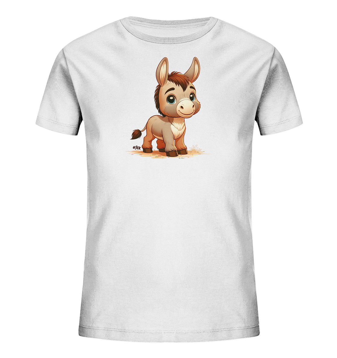 Onlineshop Shirts fuer Kinder - Das Bild zeigt ein weisses T-Shirt fuer Kinder mit einer niedlichen Illustration eines jungen Esels. Der Esel hat grosse Augen, eine braune Maehne und steht auf einem angedeuteten sandigen Boden. Die Darstellung ist im Cartoon-Stil gehalten und wirkt freundlich und verspielt, ideal fuer Kinderkleidung.