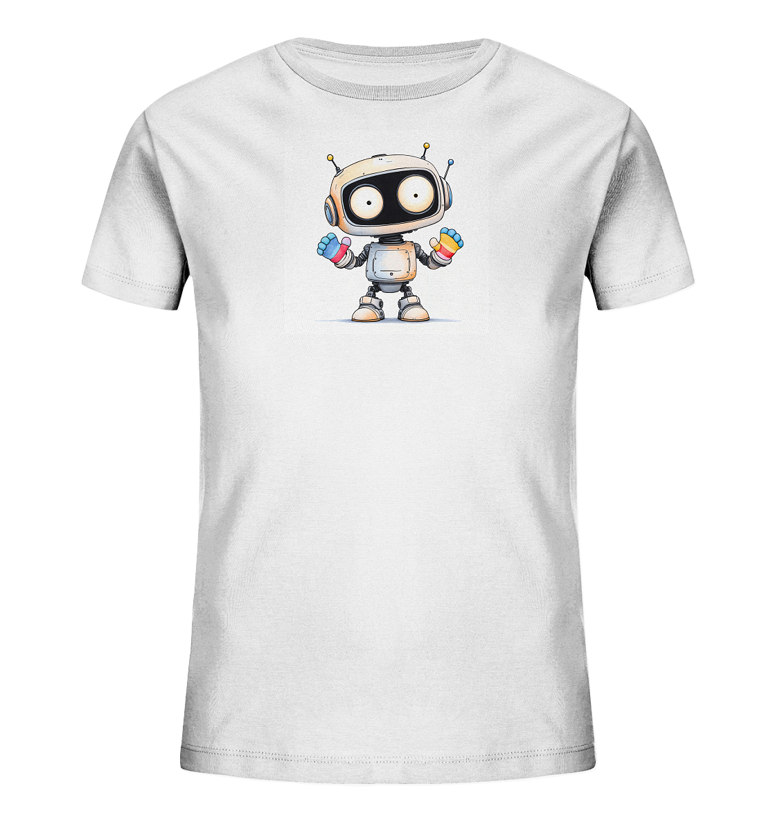 Onlineshop Shirts für Kinder - Das Bild zeigt ein schlichtes, weißes T-Shirt für Kinder, präsentiert auf einem schwarzen Hintergrund. Auf der Vorderseite des Shirts ist eine Illustration eines kleinen, freundlich aussehenden Roboters zu sehen. Der Roboter hat einen weißen Körper, große runde Augen und Antennen mit farbigen Spitzen. Seine Hände oder Klauen sind auffällig mit bunten Streifen in Rot, Blau, Gelb und Grün gestaltet, was dem Design einen lebendigen Akzent verleiht.