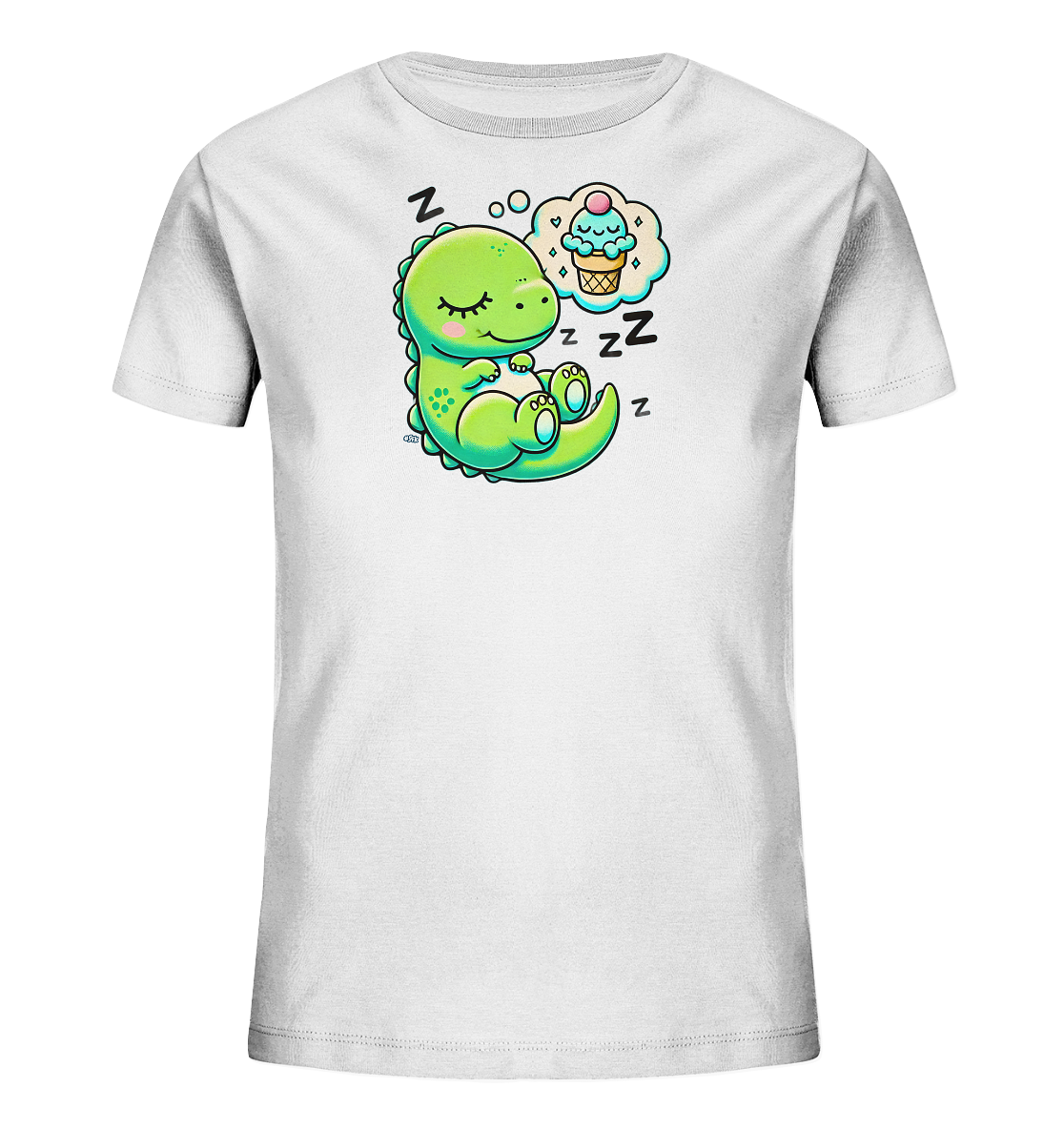 Onlineshop Shirts fuer Kinder - Das Bild zeigt ein weisses T-Shirt mit einem niedlichen, cartoonhaften Motiv. Abgebildet ist ein kleiner, gruener Dinosaurier, der zusammengerollt schlaeft. Über ihm befindet sich eine Gedankenblase, die ein froehliches Eiscreme-Motiv enthaelt. Das Design ist farbenfroh und fantasievoll gestaltet.