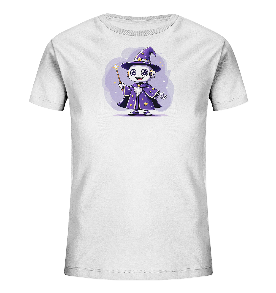 Onlineshop Shirts für Kinder - Das Bild zeigt ein weißes Kinder-T-Shirt mit einem farbigen Aufdruck auf der Vorderseite. Der Aufdruck stellt eine niedliche Cartoon-Illustration eines Roboters dar, der als Zauberer verkleidet ist. Der Roboter trägt einen lila Spitzhut und einen passenden Umhang, die beide mit gelben Sternen verziert sind, und hält einen leuchtenden Zauberstab in der Hand. Hinter der Figur ist eine weiche, lila Wolkenform zu sehen, die dem Design einen magischen Touch verleiht.