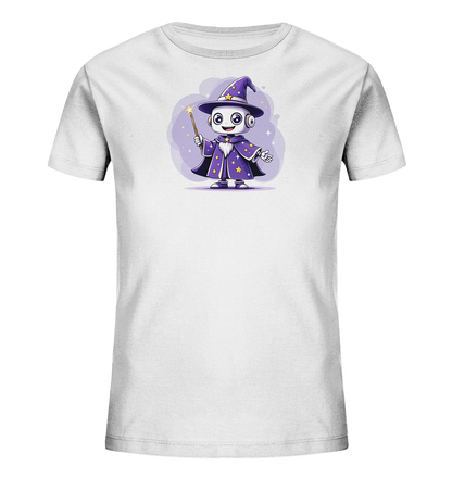 Onlineshop Shirts für Kinder - Das Bild zeigt ein weißes Kinder-T-Shirt mit einem farbigen Aufdruck auf der Vorderseite. Der Aufdruck stellt eine niedliche Cartoon-Illustration eines Roboters dar, der als Zauberer verkleidet ist. Der Roboter trägt einen lila Spitzhut und einen passenden Umhang, die beide mit gelben Sternen verziert sind, und hält einen leuchtenden Zauberstab in der Hand. Hinter der Figur ist eine weiche, lila Wolkenform zu sehen, die dem Design einen magischen Touch verleiht.