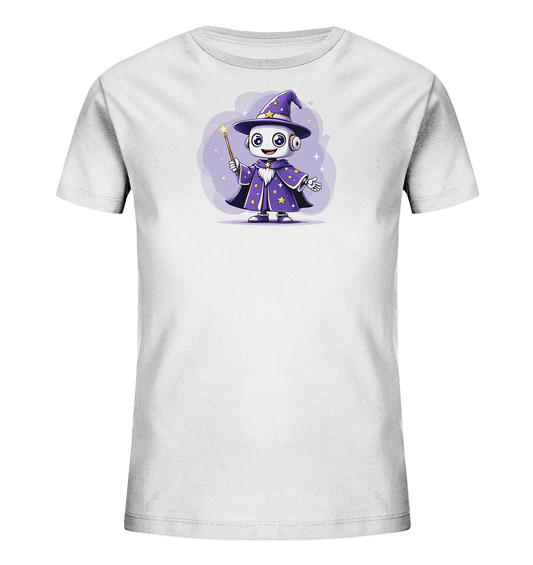 Onlineshop Shirts für Kinder - Das Bild zeigt ein weißes Kinder-T-Shirt mit einem farbigen Aufdruck auf der Vorderseite. Der Aufdruck stellt eine niedliche Cartoon-Illustration eines Roboters dar, der als Zauberer verkleidet ist. Der Roboter trägt einen lila Spitzhut und einen passenden Umhang, die beide mit gelben Sternen verziert sind, und hält einen leuchtenden Zauberstab in der Hand. Hinter der Figur ist eine weiche, lila Wolkenform zu sehen, die dem Design einen magischen Touch verleiht.