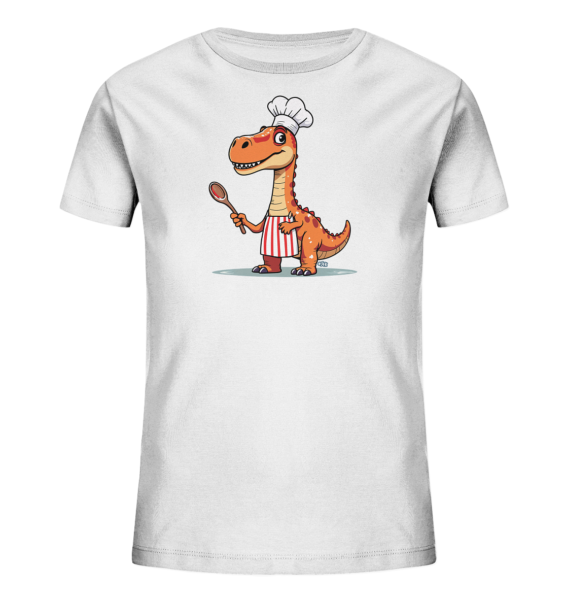 Onlineshop Shirts fuer Kinder - Das Bild zeigt ein weisses T-Shirt mit einer lustigen Illustration eines Dinosauriers im Kochoutfit. Der T-Rex traegt eine weisse Kochmuetze und eine rot-weiss gestreifte Schuerze. In seiner Hand haelt er einen hoelzernen Kochloeffel. Der Cartoon-Dino laechelt und steht in einer kochbereiten Pose.