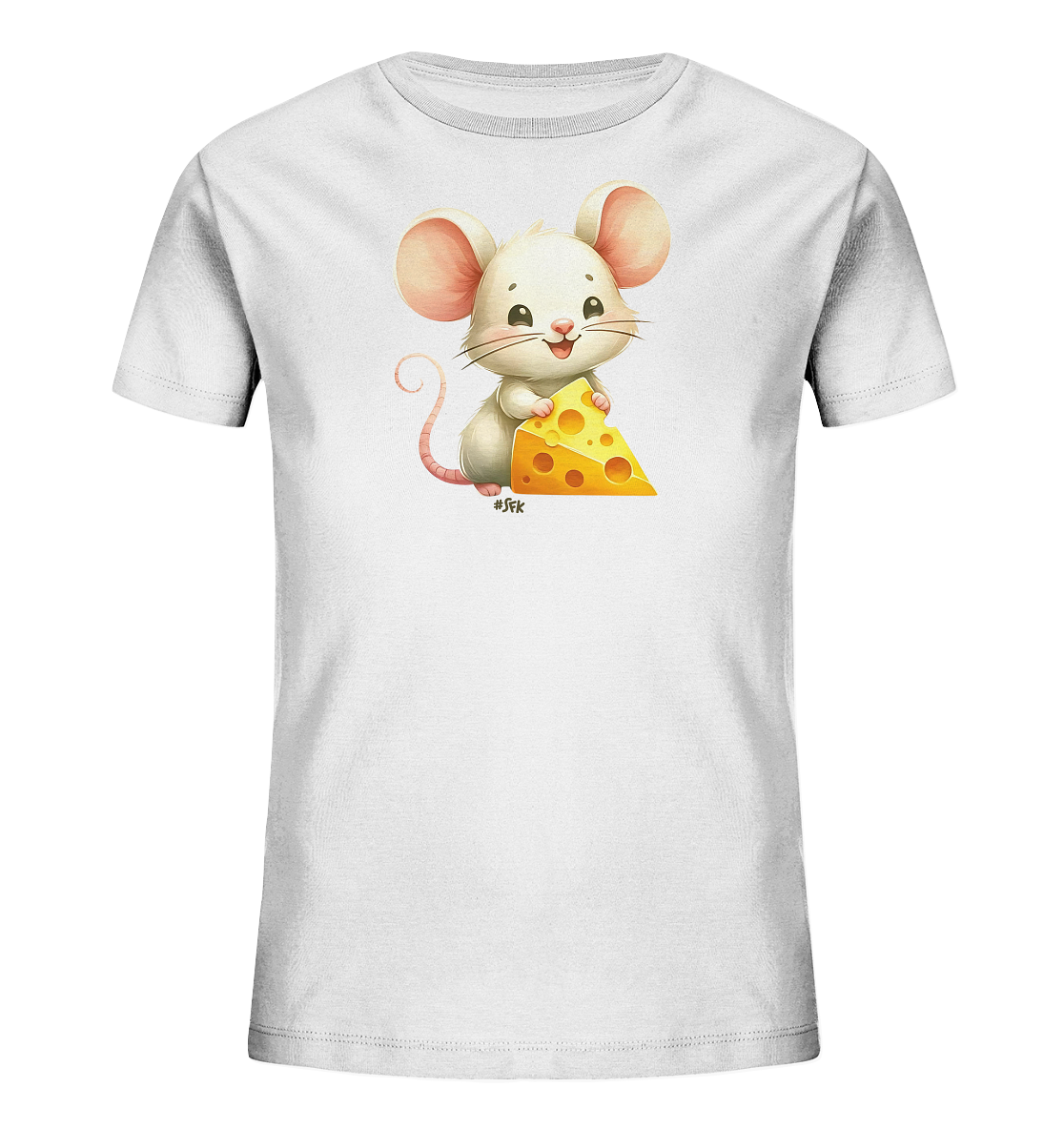Onlineshop Shirts fuer Kinder - Das Bild zeigt ein weisses T-Shirt fuer Kinder. Auf der Vorderseite ist eine niedliche, cartoonartige weisse Maus abgebildet. Die Maus haelt ein grosses Stueck gelben Kaese in ihren Pfoten und laechelt freundlich. Dieses verspielte Motiv ist zentral auf dem Shirt platziert.
