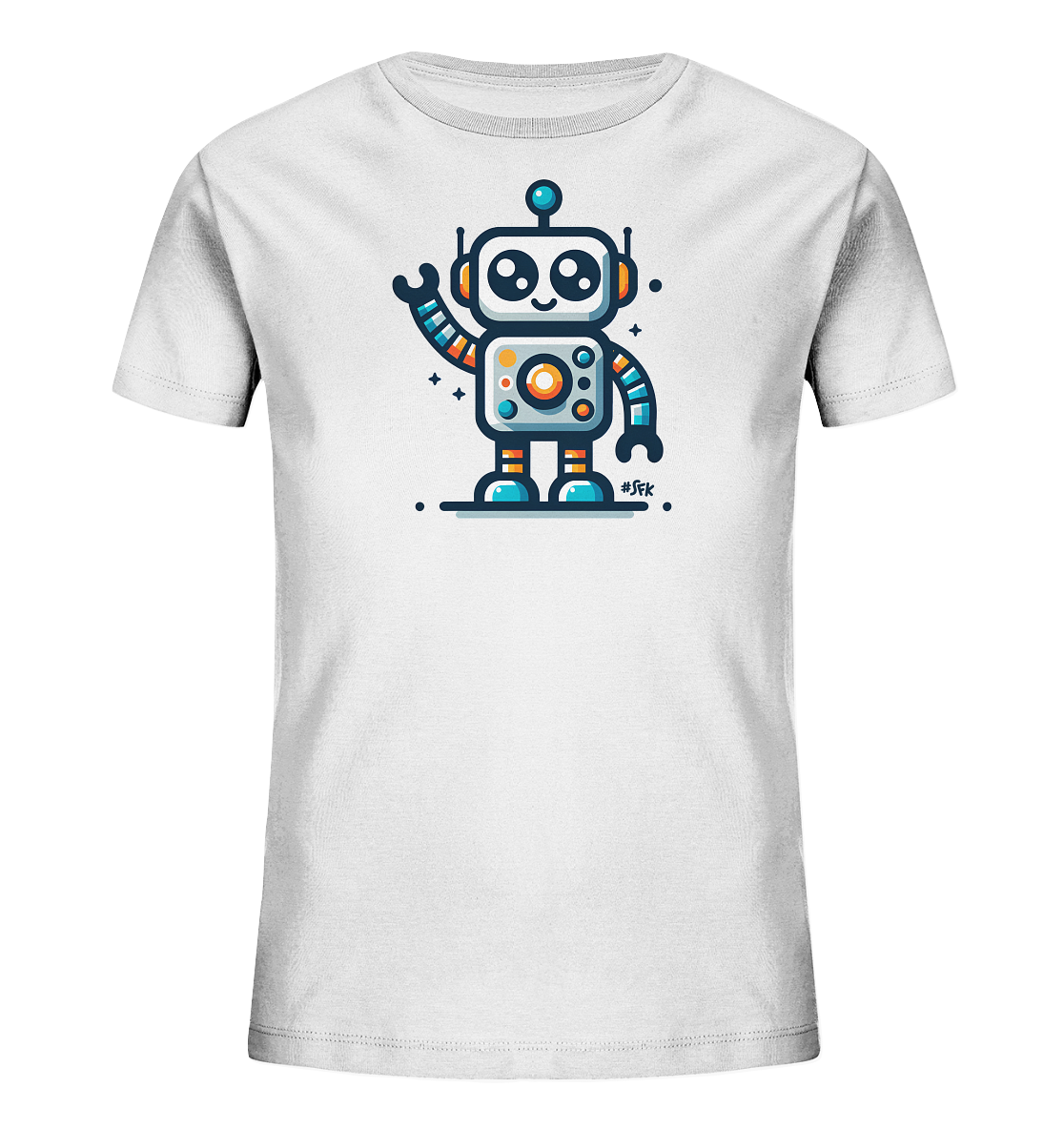 Onlineshop Shirts fuer Kinder - Das Bild zeigt ein weisses Kinder-T-Shirt mit einem bunten Roboter-Motiv auf der Vorderseite. Der freundliche Roboter hat grosse Augen, Antennen und verschiedene farbige Elemente. Er scheint gerade zu winken und steht auf einer dunklen Linie mit Punkten. Das Design ist modern und ansprechend fuer Kinder.
