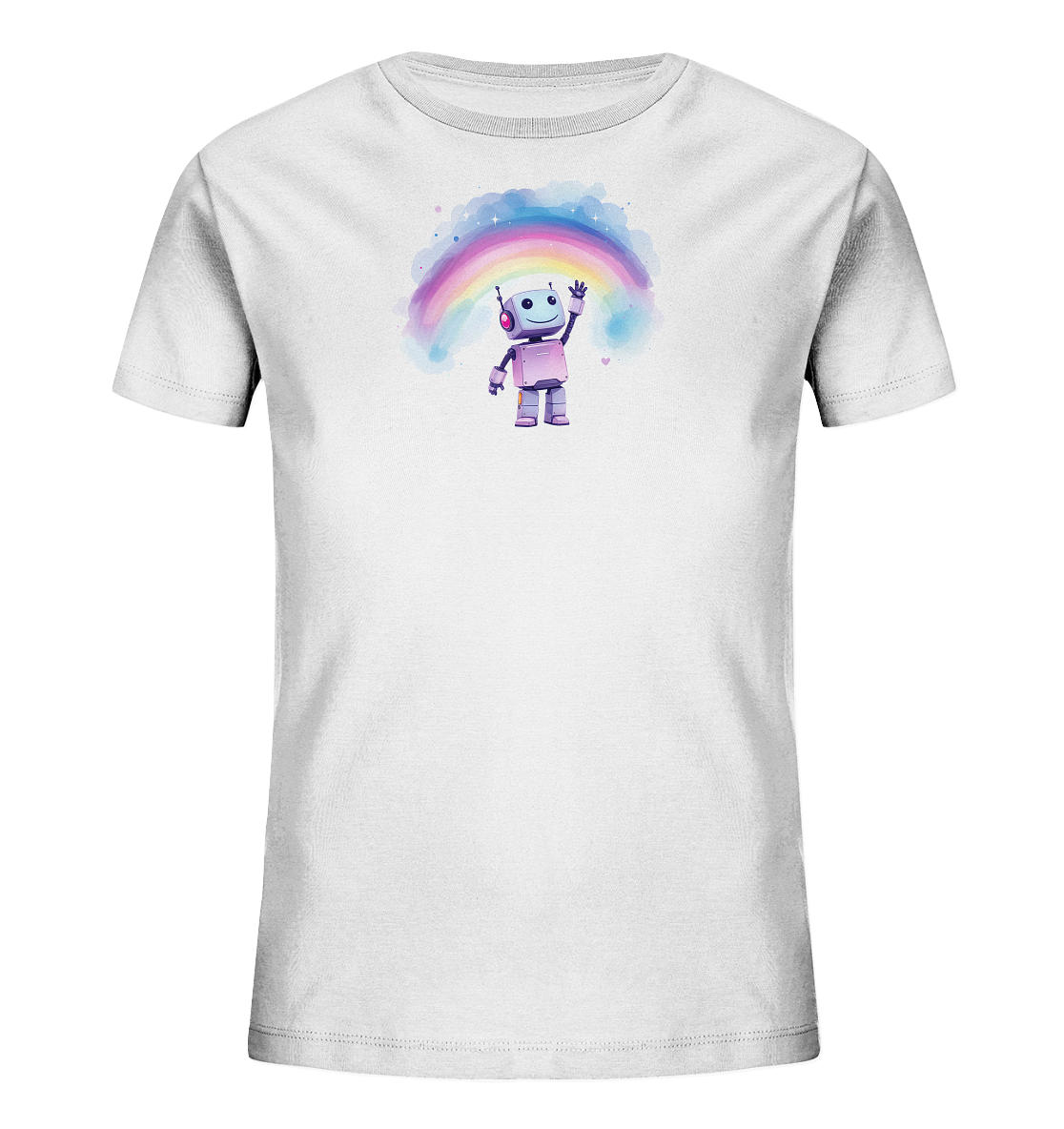 Weisses Kinder-T-Shirt mit winkendem Roboter unter Regenbogen und Wolken.