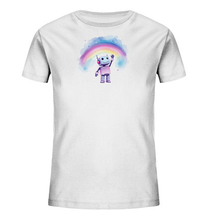 Weisses Kinder-T-Shirt mit winkendem Roboter unter Regenbogen und Wolken.