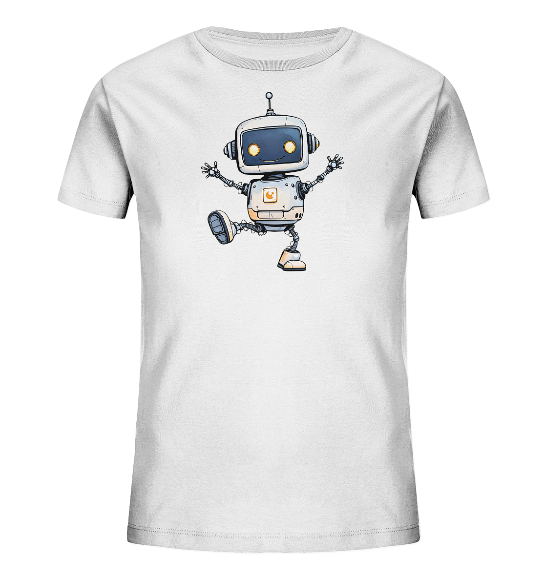 Onlineshop Shirts für Kinder - Das Bild zeigt die Vorderseite eines weißen T-Shirts für Kinder. Auf der Vorderseite ist eine detaillierte Illustration eines freundlich aussehenden Roboters zentriert. Der Roboter ist in einer dynamischen Pose dargestellt, mit einem angehobenen Bein und ausgestreckten Armen, was eine Bewegung oder ein Hüpfen suggeriert. Das Design des Roboters umfasst Elemente in Grau-, Blau- und Orangetönen und verleiht dem T-Shirt einen verspielten Ausdruck.