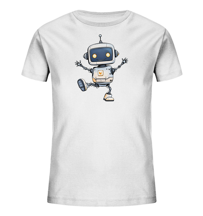 Onlineshop Shirts für Kinder - Das Bild zeigt die Vorderseite eines weißen T-Shirts für Kinder. Auf der Vorderseite ist eine detaillierte Illustration eines freundlich aussehenden Roboters zentriert. Der Roboter ist in einer dynamischen Pose dargestellt, mit einem angehobenen Bein und ausgestreckten Armen, was eine Bewegung oder ein Hüpfen suggeriert. Das Design des Roboters umfasst Elemente in Grau-, Blau- und Orangetönen und verleiht dem T-Shirt einen verspielten Ausdruck.