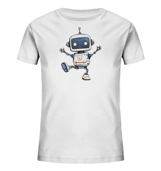 Onlineshop Shirts für Kinder - Das Bild zeigt die Vorderseite eines weißen T-Shirts für Kinder. Auf der Vorderseite ist eine detaillierte Illustration eines freundlich aussehenden Roboters zentriert. Der Roboter ist in einer dynamischen Pose dargestellt, mit einem angehobenen Bein und ausgestreckten Armen, was eine Bewegung oder ein Hüpfen suggeriert. Das Design des Roboters umfasst Elemente in Grau-, Blau- und Orangetönen und verleiht dem T-Shirt einen verspielten Ausdruck.