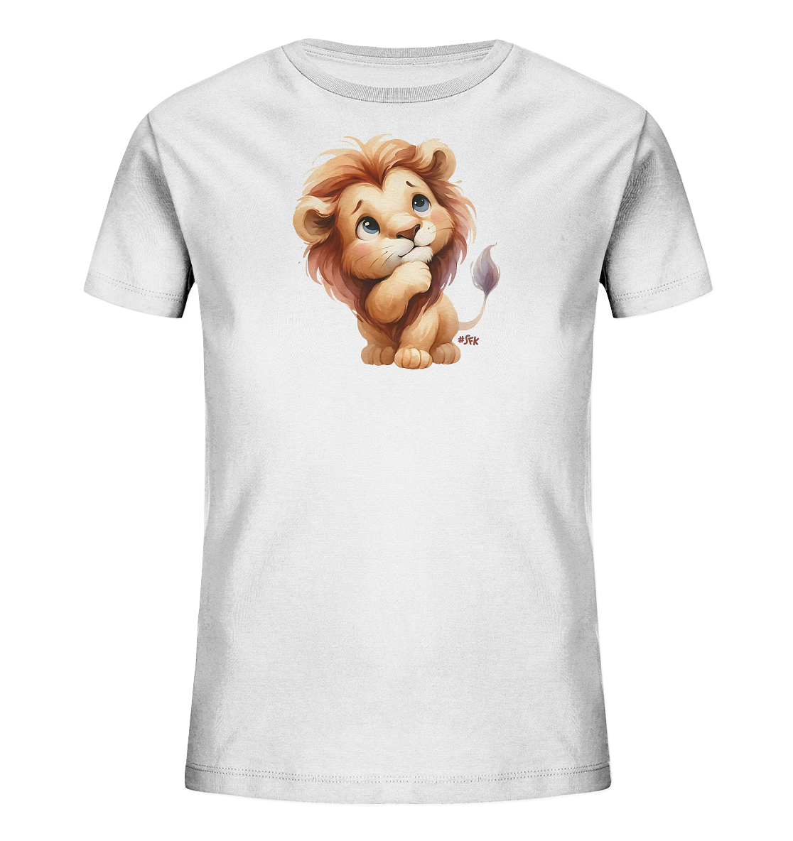 Kinder T-Shirt mit nachdenklichem Cartoon-Löwen und großen blauen Augen