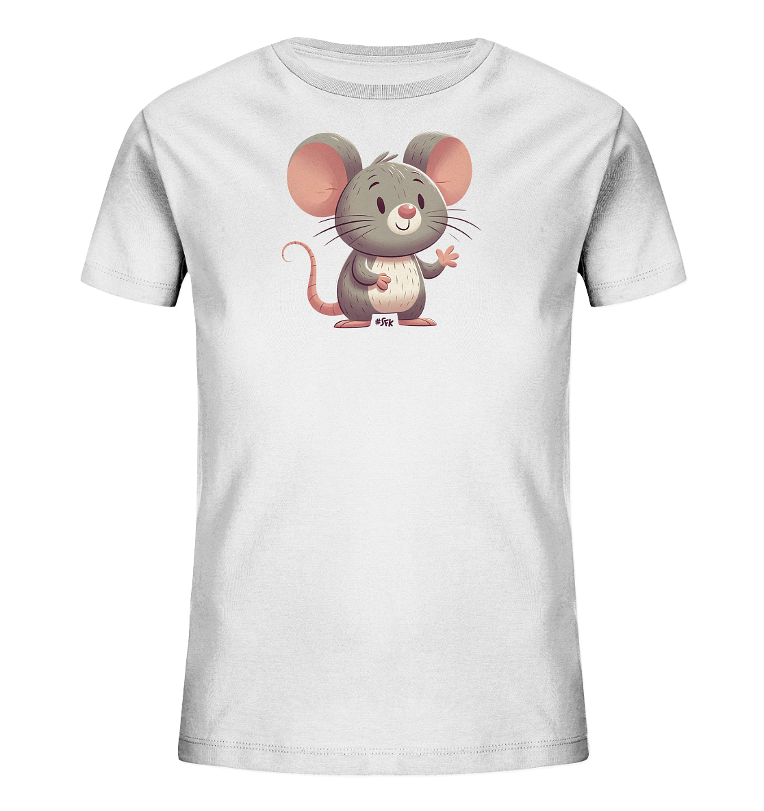 Onlineshop Shirts fuer Kinder - Das Bild zeigt ein weisses Kinder-T-Shirt mit einem niedlichen Aufdruck einer Comic-Maus. Die graue Maus hat grosse rosa Ohren und einen freundlichen Ausdruck. Sie steht aufrecht und winkt mit einer Pfote. Das Design ist einfach und ansprechend fuer Kinder.