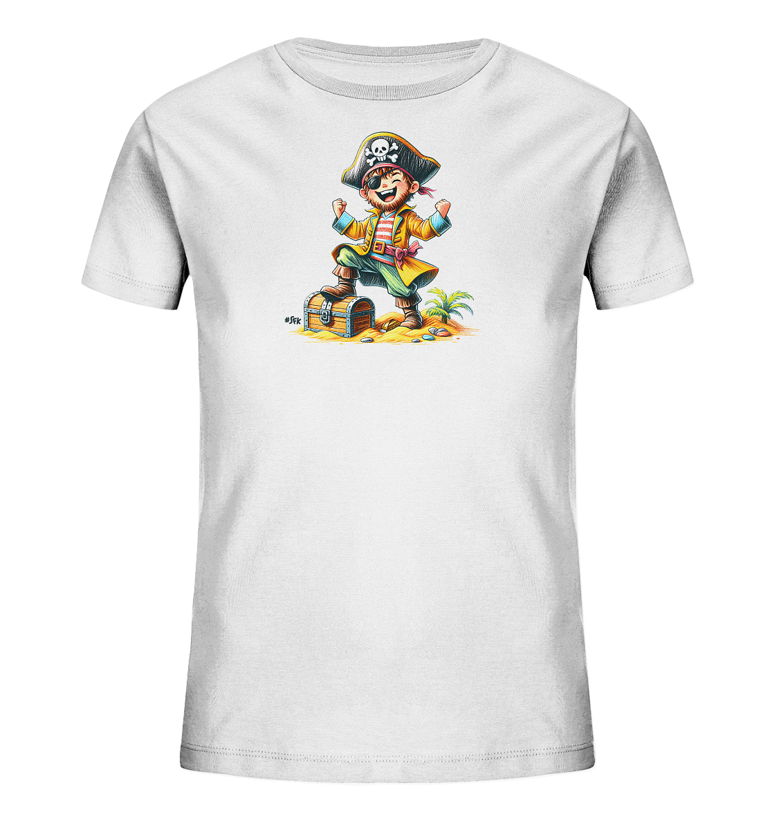 Onlineshop Shirts fuer Kinder - Das Bild zeigt ein weisses Kinder-T-Shirt mit einer farbenfrohen Illustration. Ein froehlicher Piratenjunge mit Augenklappe und Piratenhut steht triumphierend auf einer geoeffneten Schatztruhe. Die Szene spielt an einem Strand mit Sand, kleinen Steinen und einer Palme, was dem Motiv einen abenteuerlichen Touch verleiht.