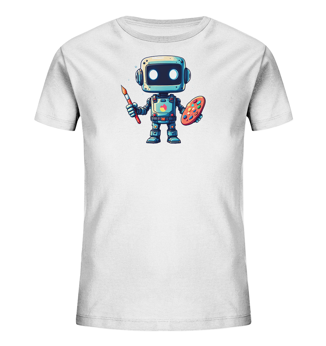 Onlineshop Shirts für Kinder - Das Bild zeigt ein weißes T-Shirt für Kinder. Auf der Vorderseite befindet sich eine bunte Illustration eines freundlichen Roboters. Der Roboter hält einen roten Pinsel in der rechten Hand und eine Künstlerpalette mit verschiedenen Farben in der linken Hand. Dieses farbenfrohe und verspielte Design ist auf der Vorderseite des Shirts zentriert und eignet sich gut für junge Kunst- oder Robotik-Fans.