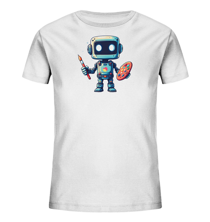Onlineshop Shirts für Kinder - Das Bild zeigt ein weißes T-Shirt für Kinder. Auf der Vorderseite befindet sich eine bunte Illustration eines freundlichen Roboters. Der Roboter hält einen roten Pinsel in der rechten Hand und eine Künstlerpalette mit verschiedenen Farben in der linken Hand. Dieses farbenfrohe und verspielte Design ist auf der Vorderseite des Shirts zentriert und eignet sich gut für junge Kunst- oder Robotik-Fans.