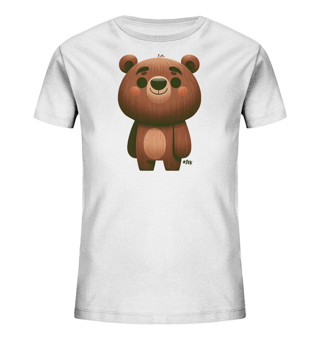 Onlineshop Shirts fuer Kinder - Das Bild zeigt ein weisses Kinder-T-Shirt mit einem grossen Cartoon-Baer als Motiv auf der Vorderseite. Der Baer ist in Brauntoenen gehalten, hat runde Ohren und eine freundliche Ausstrahlung. Seine Fellstruktur ist kuenstlerisch dargestellt. Das Design ist zentriert auf dem Shirt platziert.