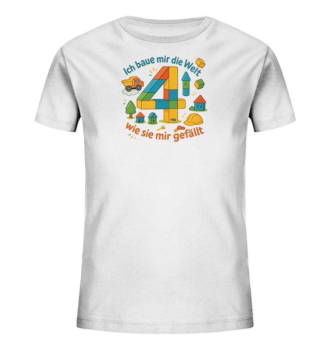 Onlineshop Shirts fuer Kinder - Das weisse T-Shirt zeigt eine grosse, bunte Vier, gestaltet aus Bausteinen. Um die Zahl herum sind spielerische Elemente wie ein Bagger, Haeuser und Baukloetze abgebildet. Der Aufdruck hat das Thema Bauen und ist farbenfroh im Cartoon-Stil gehalten. Es ist ein ideales Motiv fuer Kinder, die gerne konstruieren.