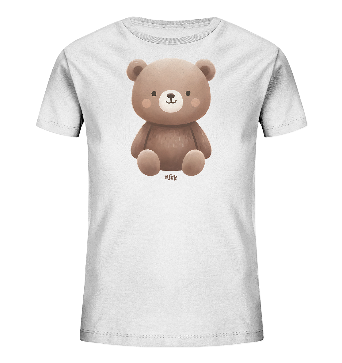 Onlineshop Shirts fuer Kinder - Das Bild zeigt ein weisses Kinder T-Shirt. Auf der Vorderseite ist eine niedliche Illustration eines braunen Baeren zu sehen, der sitzt und ein freundliches Gesicht mit roten Wangen hat. Das Design ist schlicht und ansprechend fuer Kinder.