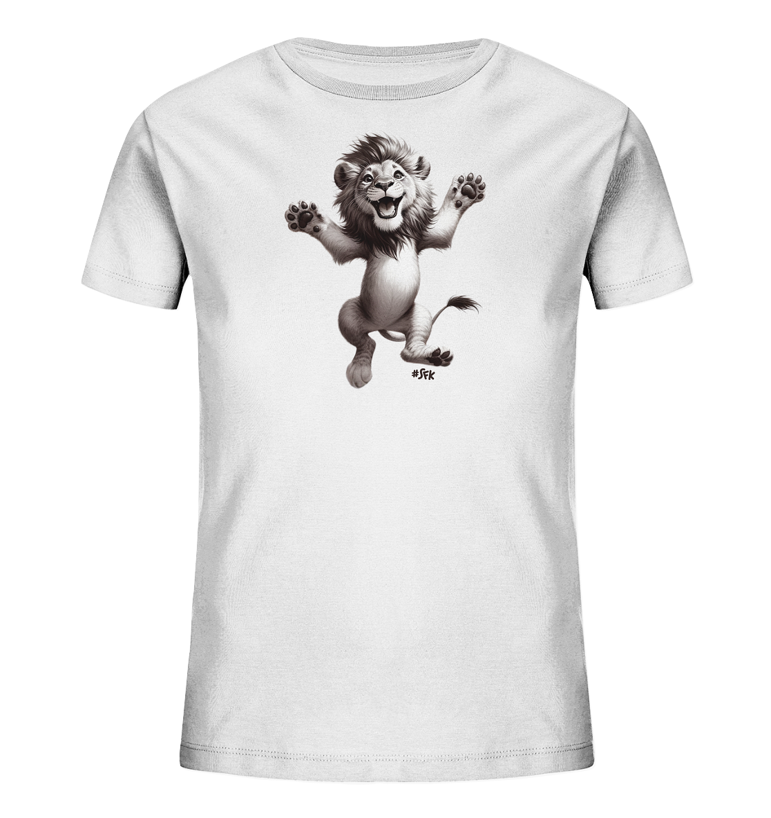 Onlineshop Shirts fuer Kinder - Das Bild zeigt ein weisses Kinder-T-Shirt mit einer schwarz-weissen Illustration eines froehlichen Loewen. Der Loewe ist in einer springenden Pose dargestellt, mit erhobenen Pfoten und einem breiten Laecheln. Die detaillierte Grafik verleiht dem Shirt einen verspielten und dynamischen Look. Es ist ein einfacher, aber ausdrucksstarker Druck.