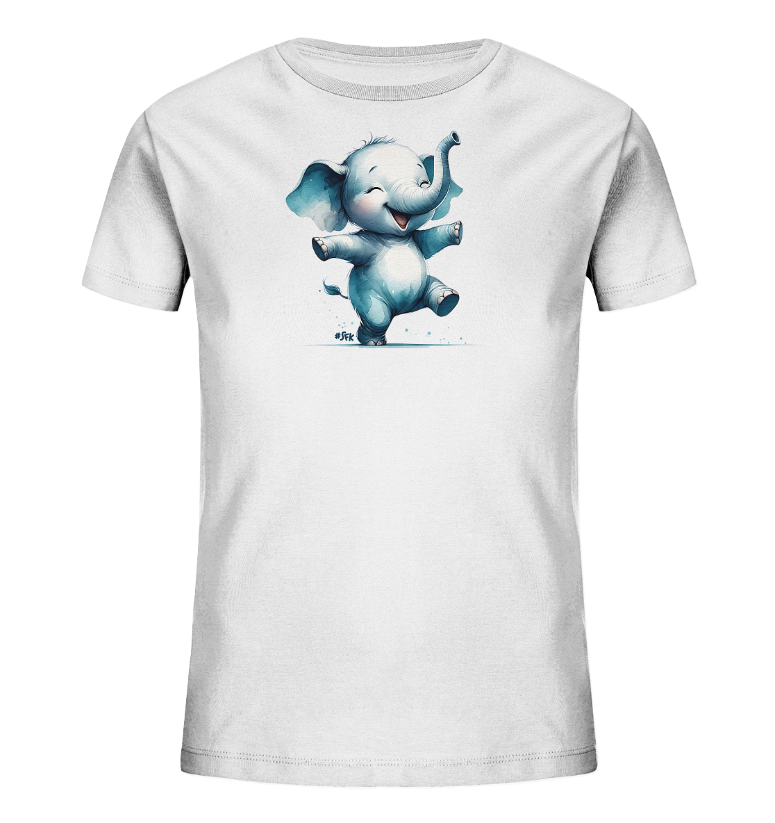 Onlineshop Shirts fuer Kinder - Das Bild zeigt ein weisses T-Shirt fuer Kinder mit einer niedlichen Illustration eines hellblauen Elefanten auf der Vorderseite. Der Elefant wirkt froehlich und befindet sich in einer verspielten Haltung mit erhobenem Ruessel. Kleine blaue Punkte umgeben die Figur. Dieses Design verleiht dem Shirt einen lustigen und kindgerechten Look.