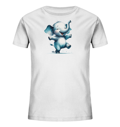 Onlineshop Shirts fuer Kinder - Das Bild zeigt ein weisses T-Shirt fuer Kinder mit einer niedlichen Illustration eines hellblauen Elefanten auf der Vorderseite. Der Elefant wirkt froehlich und befindet sich in einer verspielten Haltung mit erhobenem Ruessel. Kleine blaue Punkte umgeben die Figur. Dieses Design verleiht dem Shirt einen lustigen und kindgerechten Look.