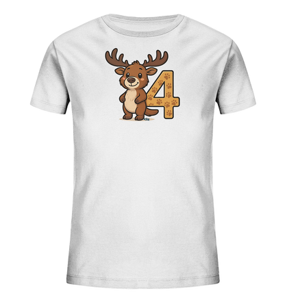 Onlineshop Shirts fuer Kinder - Das Bild zeigt ein weisses Kinder-T-Shirt mit einem lustigen Aufdruck auf der Vorderseite. Abgebildet sind ein freundliches Cartoon-Rentier mit Geweih und die grosse Zahl '4' daneben. Die Ziffer ist mit einem Muster aus braunen Pfotenabdruecken gestaltet, was dem Motiv eine spielerische Note verleiht. Das gesamte Design wirkt froehlich und ansprechend.