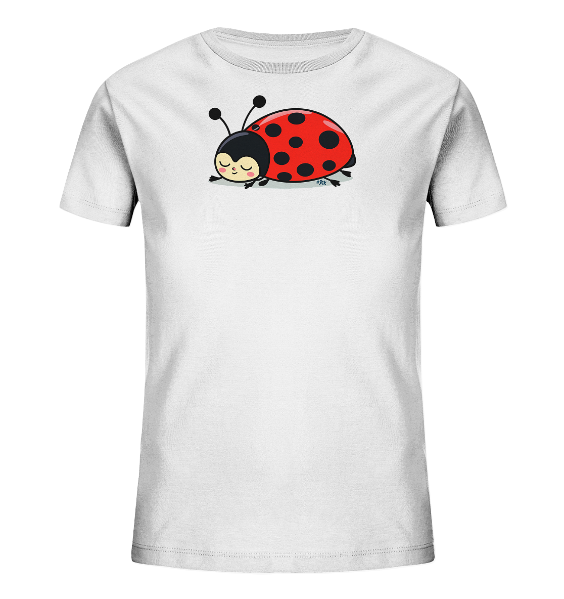 Onlineshop Shirts fuer Kinder - Das weisse Kinder-T-Shirt zeigt einen niedlichen, schlafenden Marienkaefer. Er ist rot mit schwarzen Punkten und Fuehlern. Seine geschlossenen Augen vermitteln einen friedlichen Ausdruck.