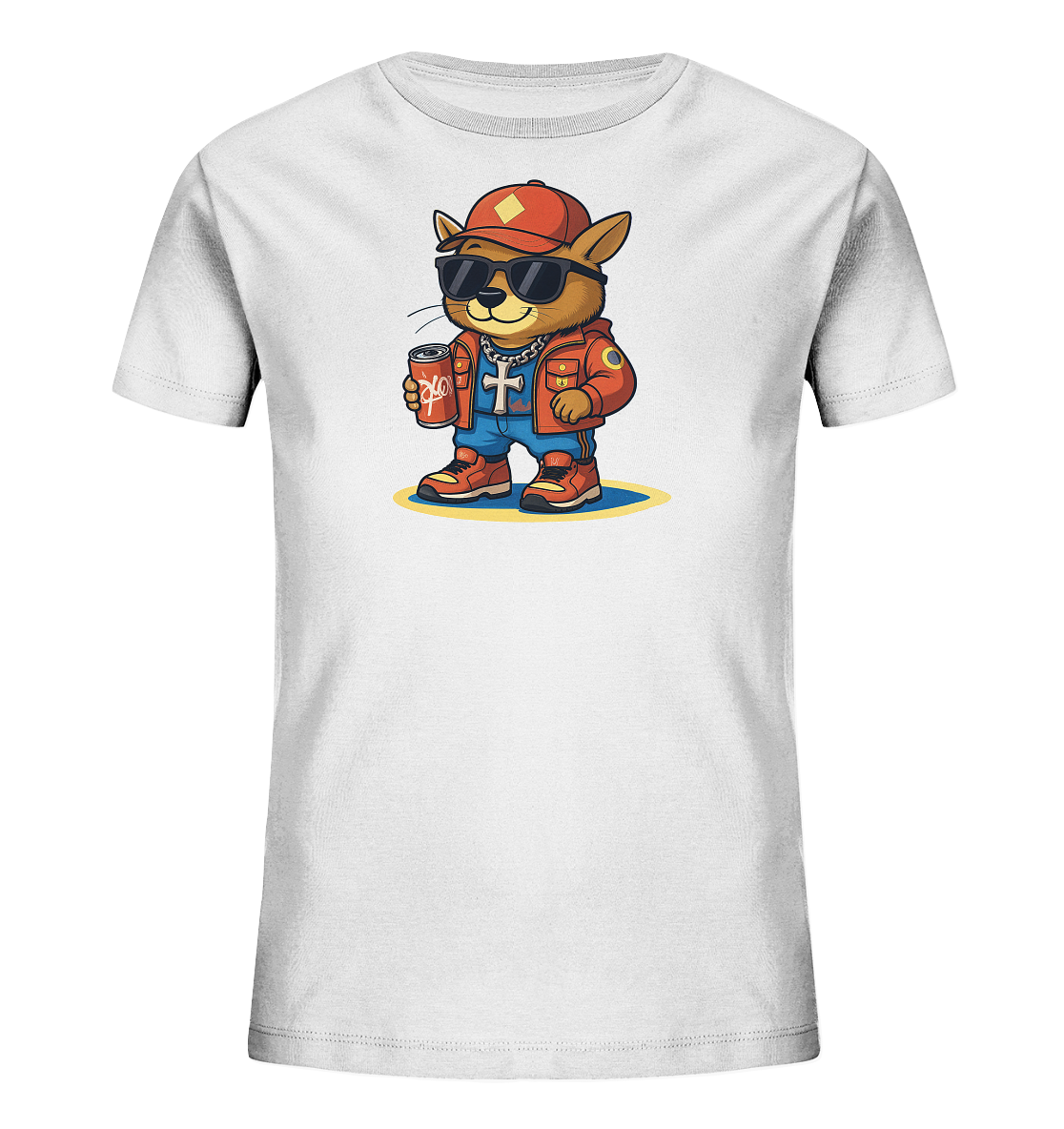 Kinder-T-Shirt mit lässigem Fuchs und Limo-Dose als Cartoon-Motiv.