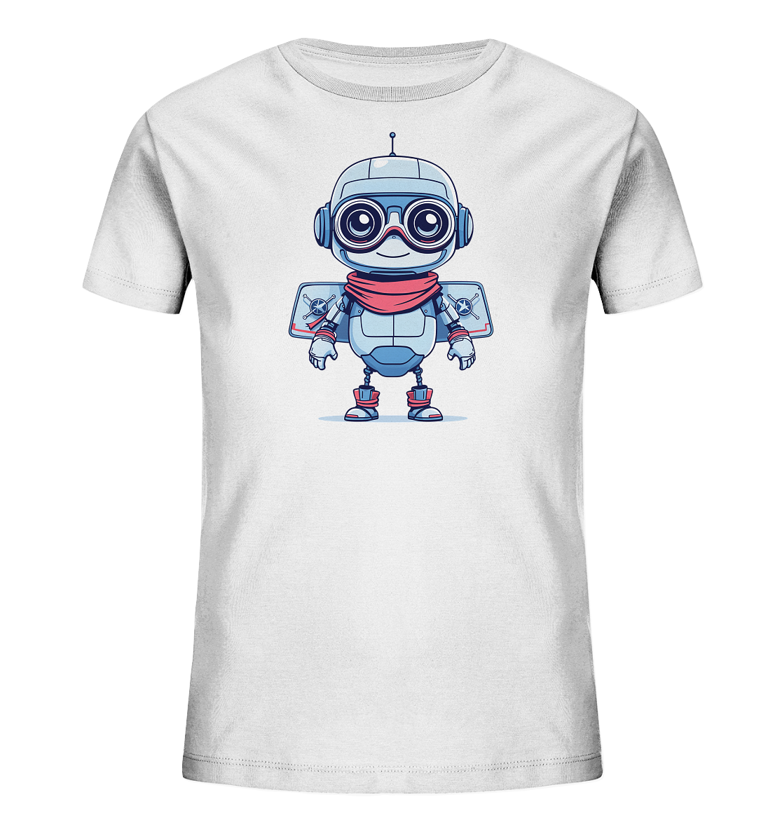 Onlineshop Shirts für Kinder - Das Bild zeigt ein weisses kurzärmeliges T-Shirt für Kinder. Auf der Vorderseite des Shirts befindet sich eine Grafik eines Comic-Roboters. Der Roboter ist in Silber, Blau und Rot gestaltet und trägt eine Brille sowie einen roten Schal. An seinen Seiten sind Elemente mit Totenkopf-Symbolen und Sternen dargestellt, und er steht aufrecht in der Bildmitte.