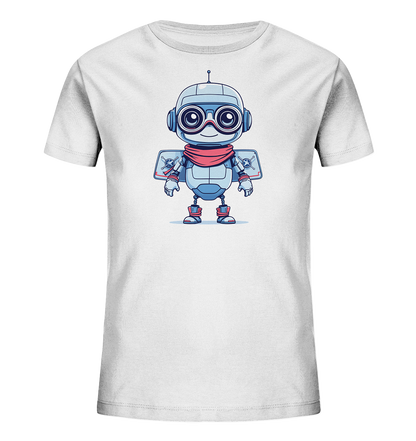 Onlineshop Shirts für Kinder - Das Bild zeigt ein weisses kurzärmeliges T-Shirt für Kinder. Auf der Vorderseite des Shirts befindet sich eine Grafik eines Comic-Roboters. Der Roboter ist in Silber, Blau und Rot gestaltet und trägt eine Brille sowie einen roten Schal. An seinen Seiten sind Elemente mit Totenkopf-Symbolen und Sternen dargestellt, und er steht aufrecht in der Bildmitte.