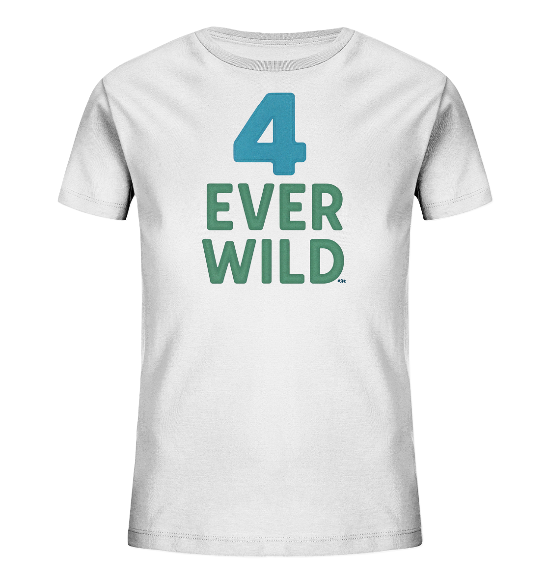 Onlineshop Shirts fuer Kinder - Das Bild zeigt ein weisses T-Shirt fuer Kinder. Auf der Vorderseite befindet sich ein Aufdruck mit der Zahl '4' in Blau. Darunter stehen die Worte 'EVER WILD' in gruenen Grossbuchstaben. Das Design ist schlicht und grafisch.