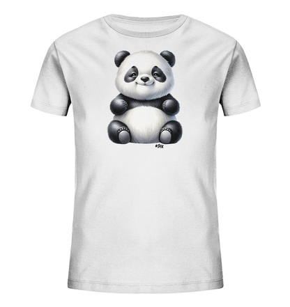 Kinder T-Shirt mit ein sitzender Panda mit schwarz-weißem Fell und freundlichem Lächeln