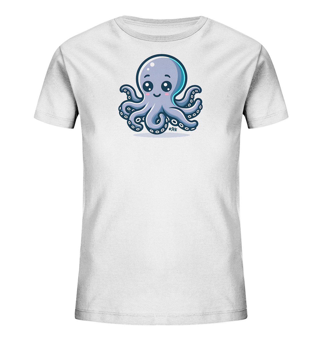 Onlineshop Shirts fuer Kinder - Das Bild zeigt ein weisses T-Shirt fuer Kinder. Auf der Vorderseite ist eine niedliche Cartoon-Illustration eines Tintenfischs in blaugrauen Farbtoenen abgebildet. Der Tintenfisch hat grosse Augen, laechelt und sitzt mit seinen Tentakeln. Das Design ist verspielt und ansprechend fuer junge Traeger.