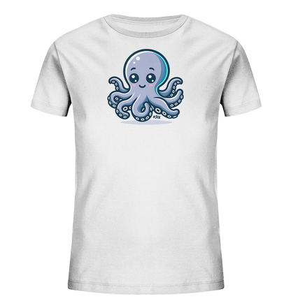 Onlineshop Shirts fuer Kinder - Das Bild zeigt ein weisses T-Shirt fuer Kinder. Auf der Vorderseite ist eine niedliche Cartoon-Illustration eines Tintenfischs in blaugrauen Farbtoenen abgebildet. Der Tintenfisch hat grosse Augen, laechelt und sitzt mit seinen Tentakeln. Das Design ist verspielt und ansprechend fuer junge Traeger.
