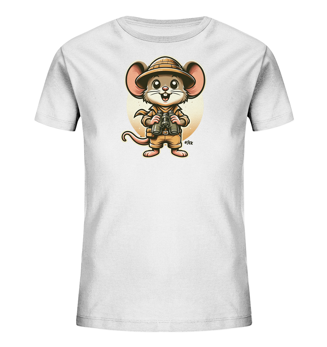 Onlineshop Shirts fuer Kinder - Das Bild zeigt ein weisses Kinder-T-Shirt mit einem verspielten Druck auf der Vorderseite. Die Illustration stellt eine laechelnde Maus in Abenteurerkleidung mit Hut und Fernglas dar. Die Maus steht aufrecht vor einem hellen Kreis, der das Motiv hervorhebt. Dieses Design verleiht dem Shirt einen froehlichen Entdecker-Look.