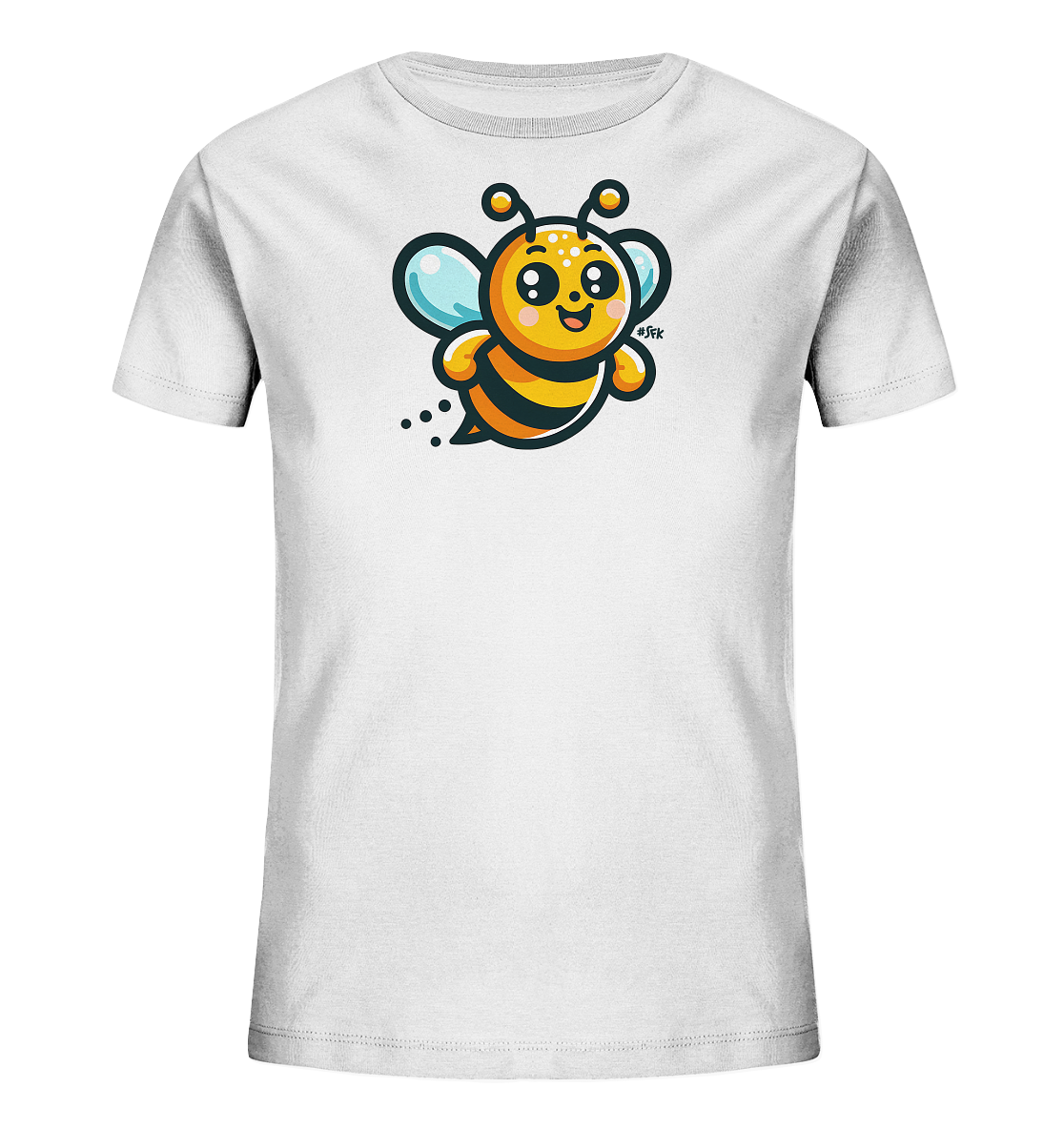Onlineshop Shirts fuer Kinder - Das Bild zeigt ein weisses T-Shirt fuer Kinder, das eine lustige und freundliche Illustration einer fliegenden Biene zeigt. Die Biene ist in leuchtenden Gelb- und Orangetoenen mit schwarzen Streifen gestaltet und hat grosse, ausdrucksstarke Augen. Sie wird mit angedeuteten Flugspuren dargestellt, was dem Motiv Bewegung verleiht. Das Design wirkt froehlich und verspielt, passend fuer Kinderkleidung.