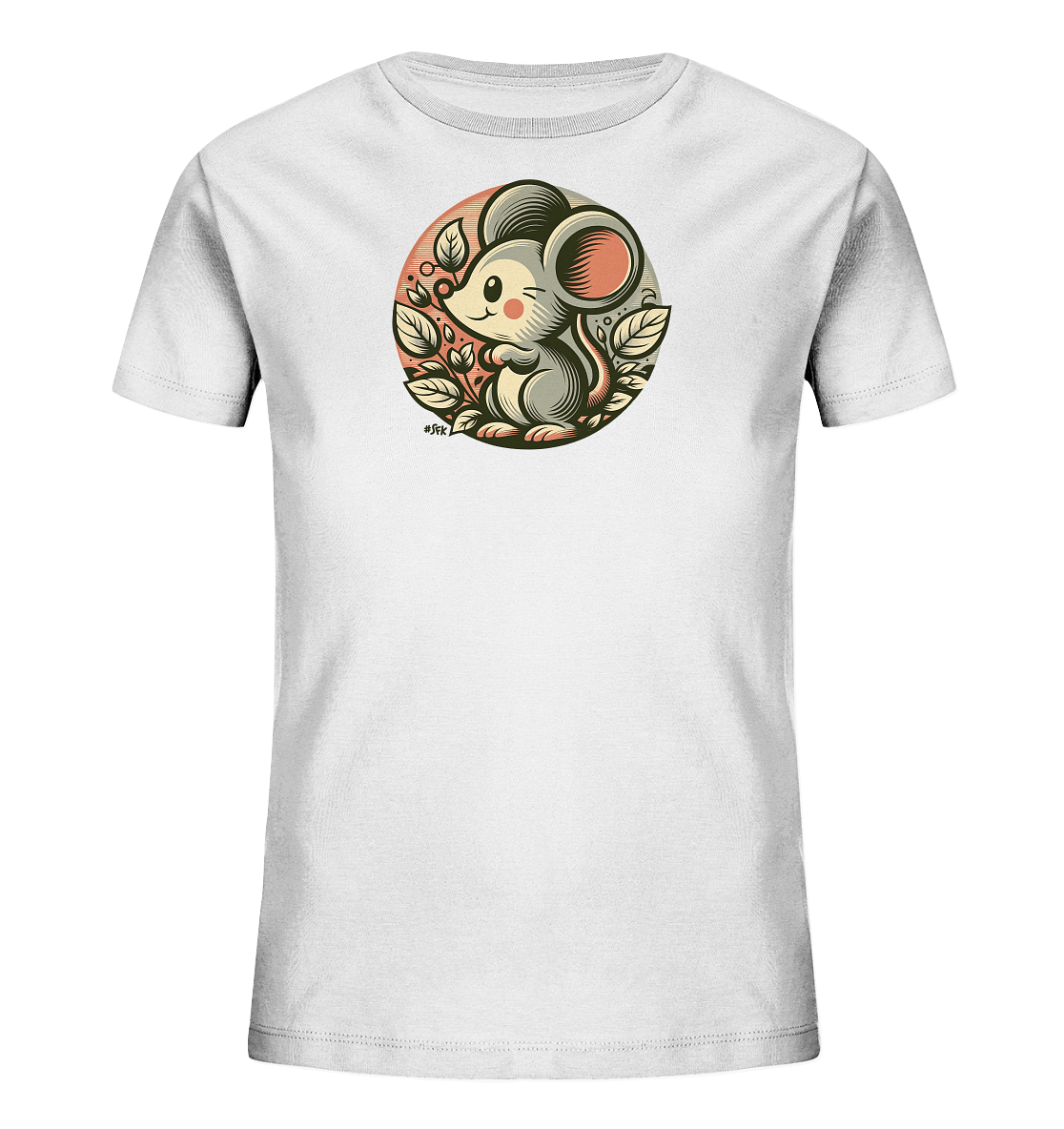 Onlineshop Shirts fuer Kinder - Das Bild zeigt ein weisses Kinder-T-Shirt mit einer runden Grafik auf der Vorderseite. Diese Illustration zeigt eine niedliche Cartoon-Maus, die inmitten von Blaettern sitzt und zwinkert. Das Design ist farbenfroh und detailreich, ideal fuer ein Kinderoutfit.