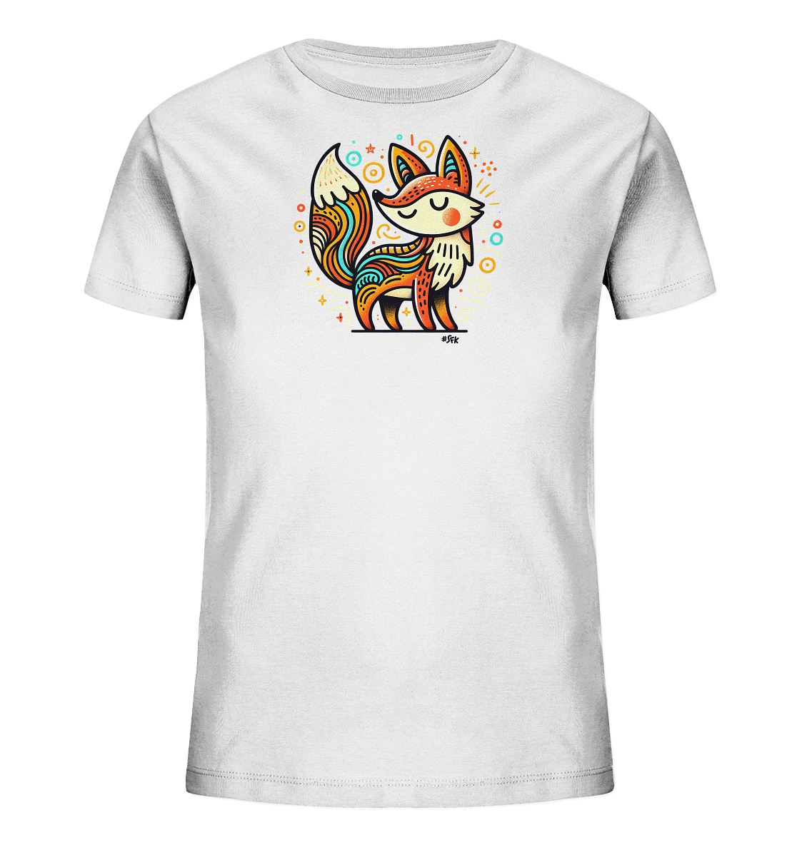 Onlineshop Shirts fuer Kinder - Das Bild zeigt ein weisses Kinder T-Shirt mit einer farbenfrohen Illustration eines Fuchses auf der Vorderseite. Der Fuchs ist stilisiert und mit detailreichen Mustern in warmen Toenen wie Orange, Gelb und Tuerkis gestaltet. Um das Motiv herum sind bunte Kreise, Sterne und Punkte verteilt, die dem Design einen verspielten Charakter verleihen. Das T-Shirt hat einen klassischen Rundhalsausschnitt und kurze Ärmel.